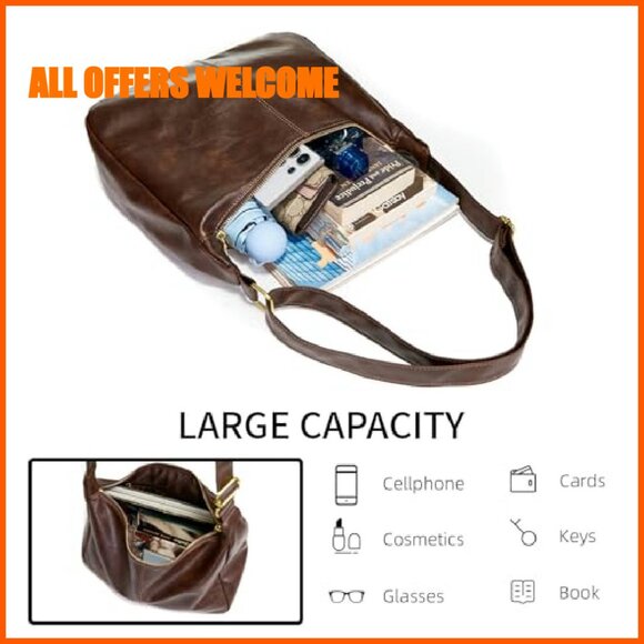 Foldable Vegan Leather Hobo Tote Shoulder Bag 13" Slouchy Purse - Picture 3 of 8